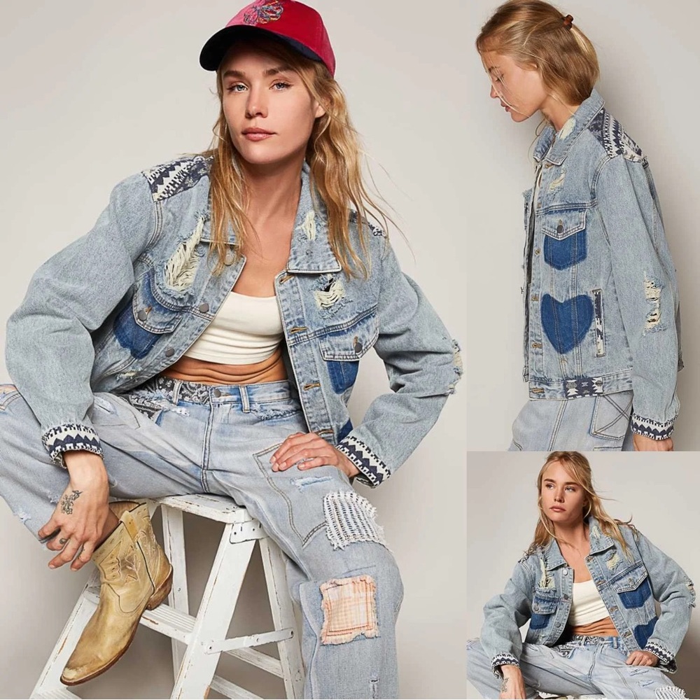 POL Light Blue Denim Jacket with Dark Blue Heart and Pocket Accents